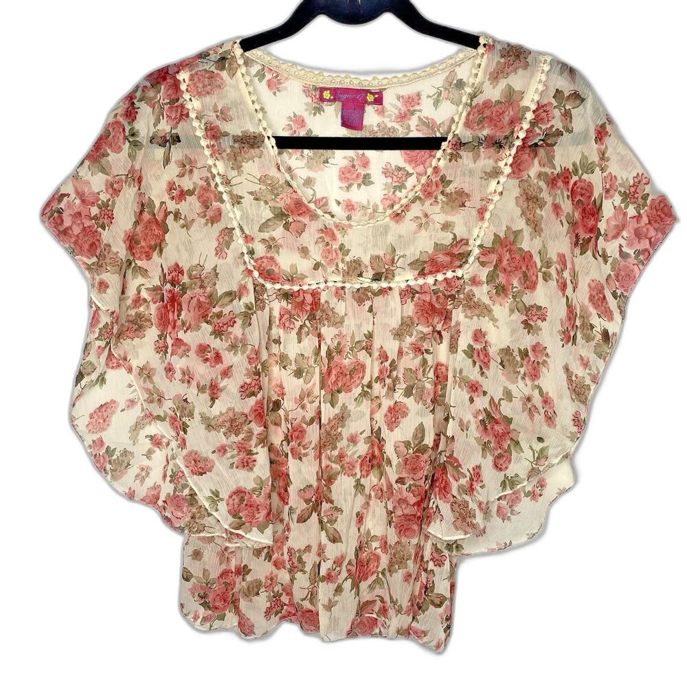 Sugar 17 Sheer Floral Blouse Crochet Scoop Neck Cottage Boho Womens S Cream Pink